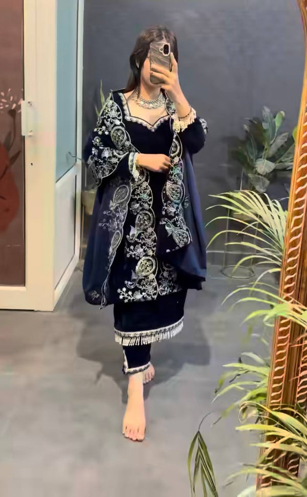 Midnight Blue Velvet Embroidered Elegance