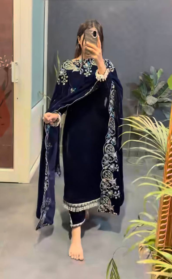 Midnight Blue Velvet Embroidered Elegance