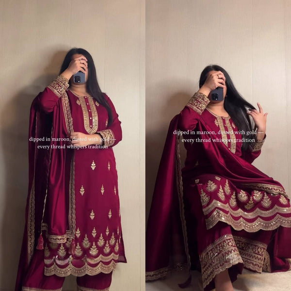 Luxurious Maroon Suit Set with Dupatta