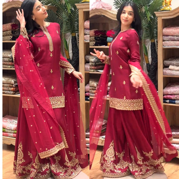 Luxury Red Designer Sharara Palazzo Suit Set