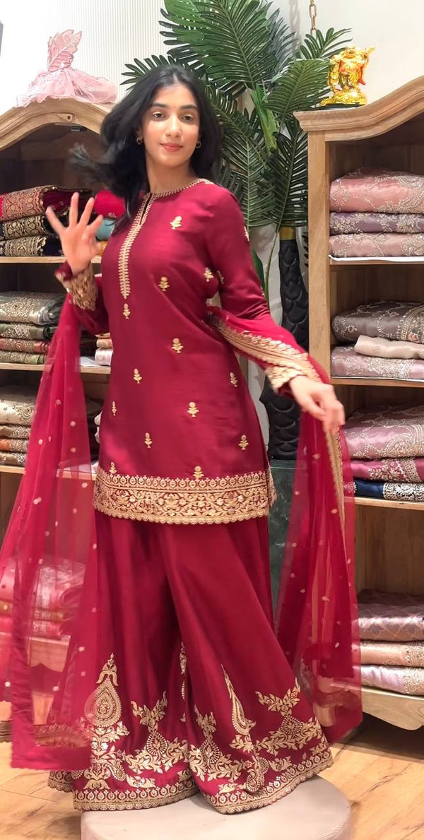 Luxury Red Designer Sharara Palazzo Suit Set
