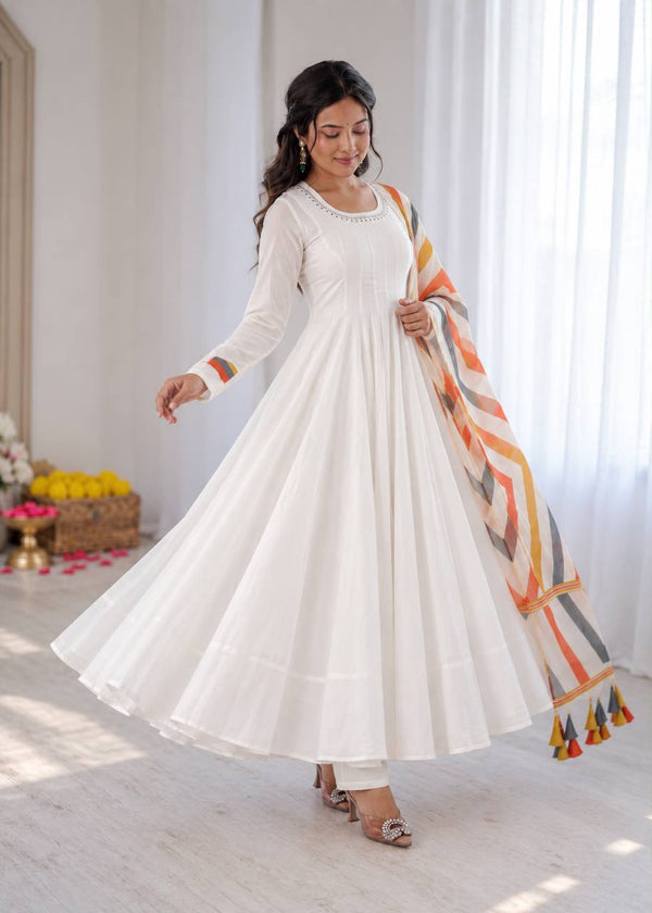 Elegant White Anarkali with Striped Dupatta