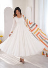 Elegant White Anarkali with Striped Dupatta
