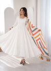 Elegant White Anarkali with Striped Dupatta