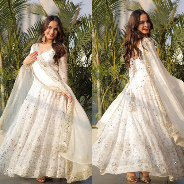 White Fancy Style Designer Anarkali Gown With Pant & Dupatta Set