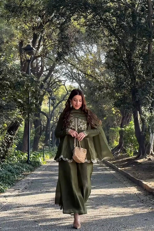 Graceful Green Suit Adorned with Gold Embroidery