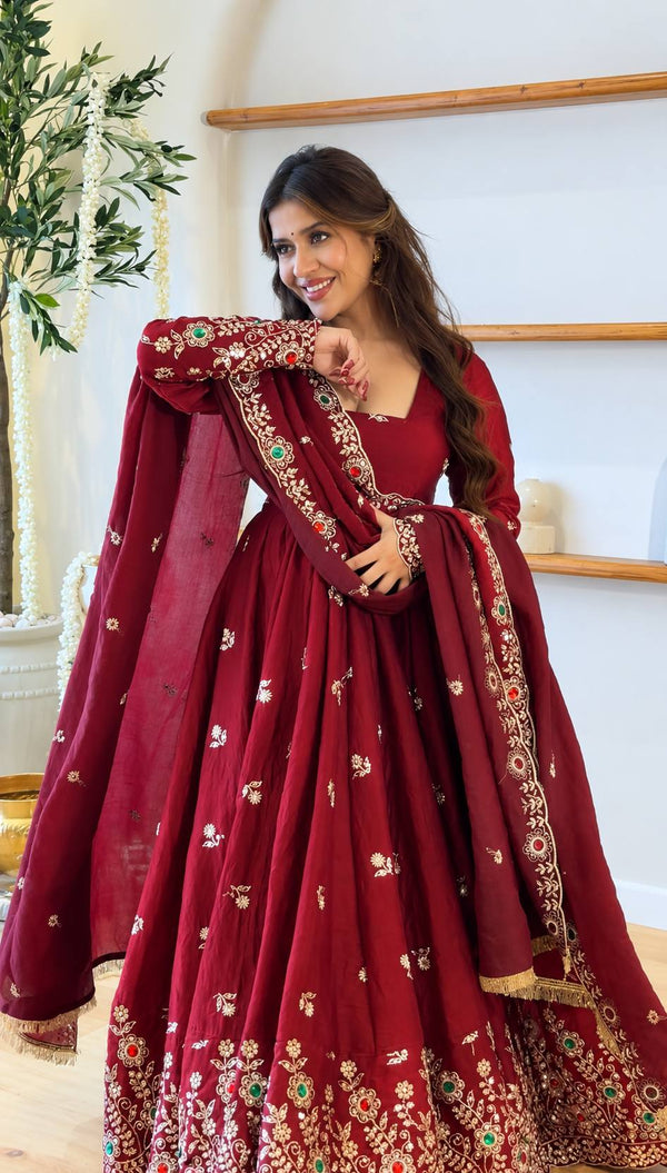 Luxurious Maroon Embroidered Anarkali Design