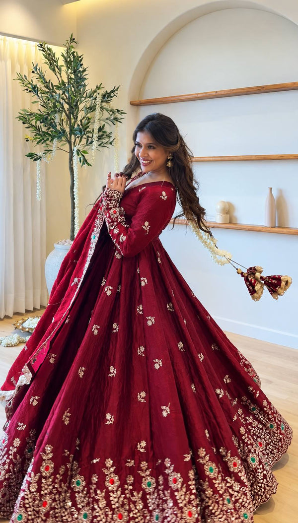 Luxurious Maroon Embroidered Anarkali Design