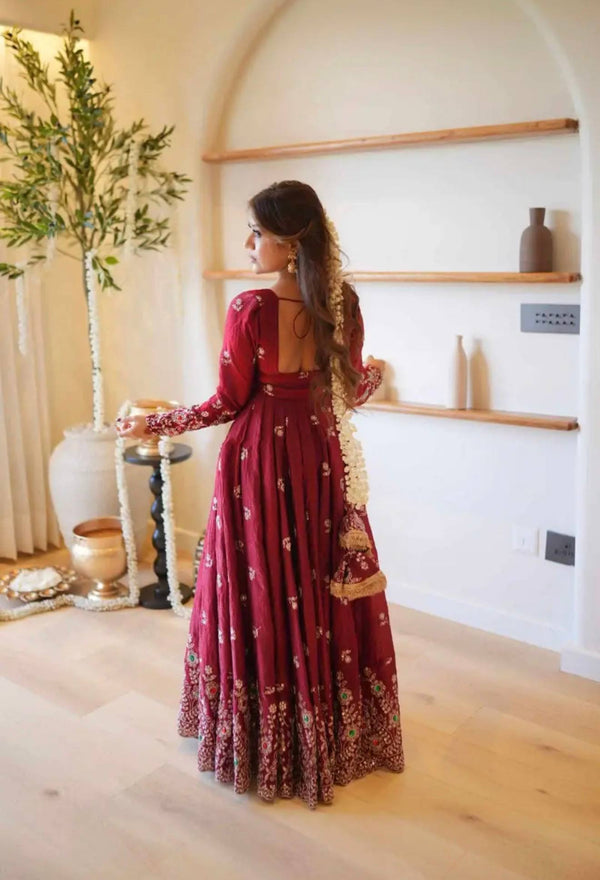 Luxurious Maroon Embroidered Anarkali Design