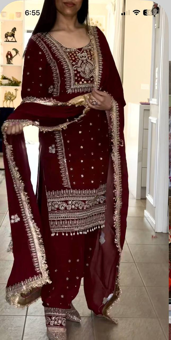 Majestic Allure: Embroidered Maroon Suit Design