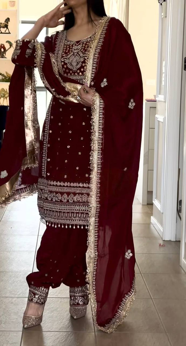 Majestic Allure: Embroidered Maroon Suit Design