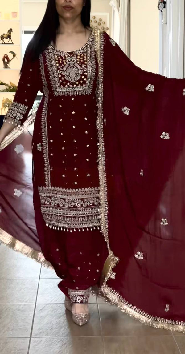 Majestic Allure: Embroidered Maroon Suit Design