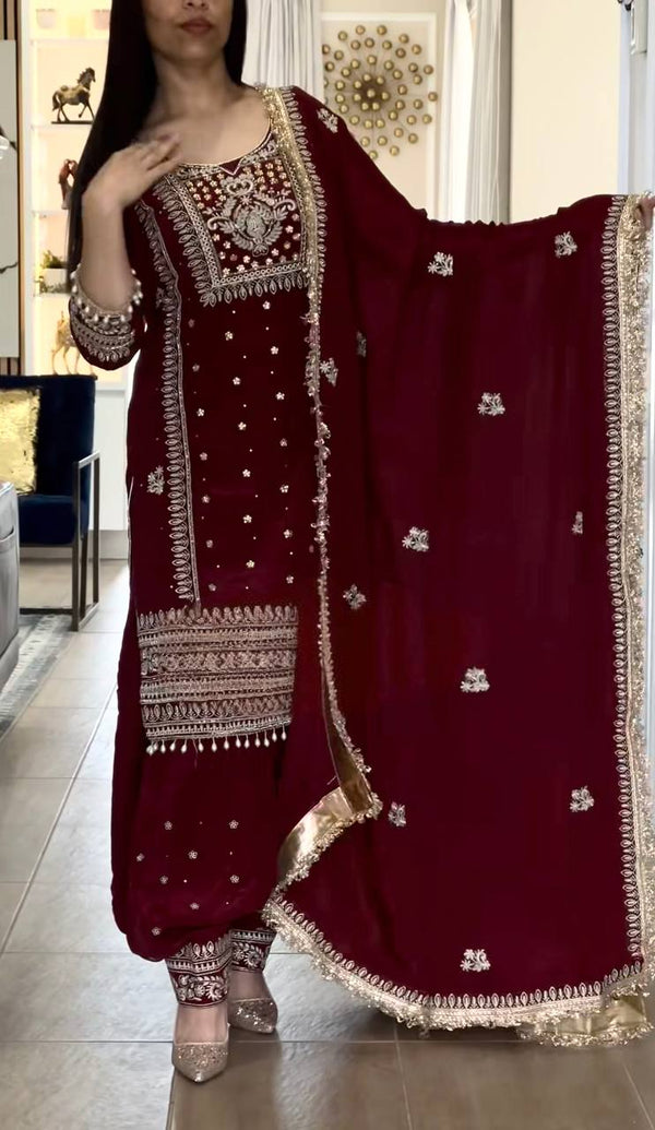 Majestic Allure: Embroidered Maroon Suit Design