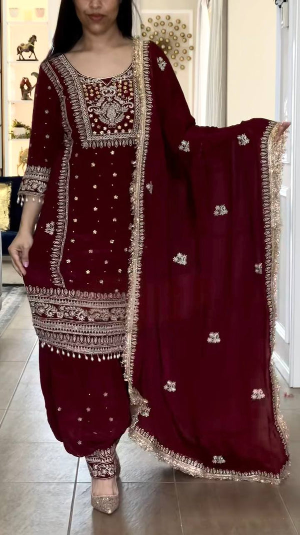 Majestic Allure: Embroidered Maroon Suit Design