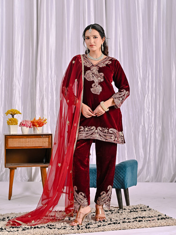 Luxurious Maroon Velvet Embroidered Ensemble