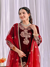 Luxurious Maroon Velvet Embroidered Ensemble