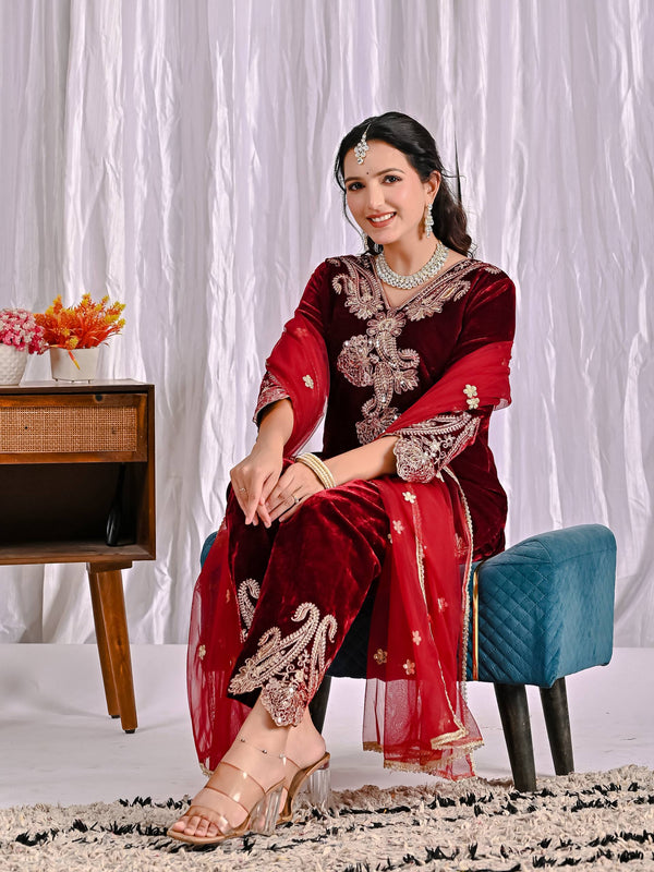 Luxurious Maroon Velvet Embroidered Ensemble