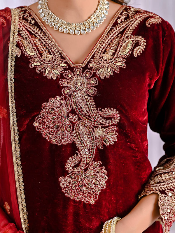 Luxurious Maroon Velvet Embroidered Ensemble