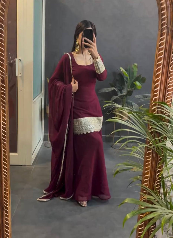 Maroon Garara Suit Heavy Star Georgette Silk Embroidery Work Sharara Suit