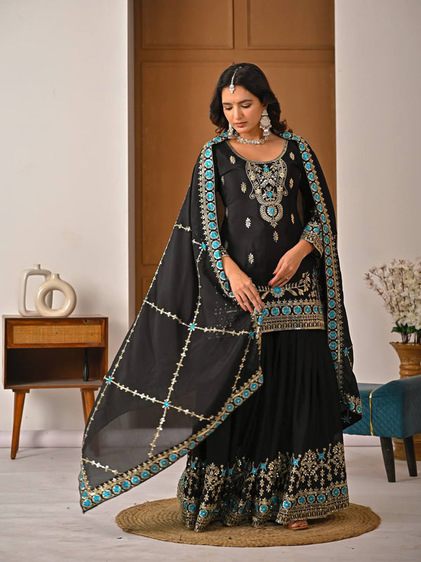 Regal Fusion: Black and Blue Embroidered Ensemble
