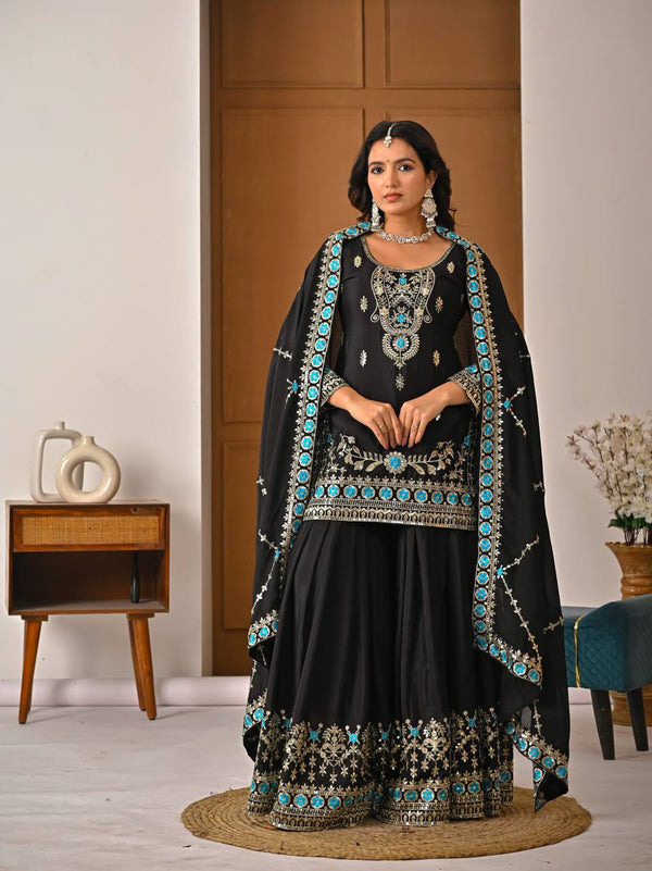 Regal Fusion: Black and Blue Embroidered Ensemble