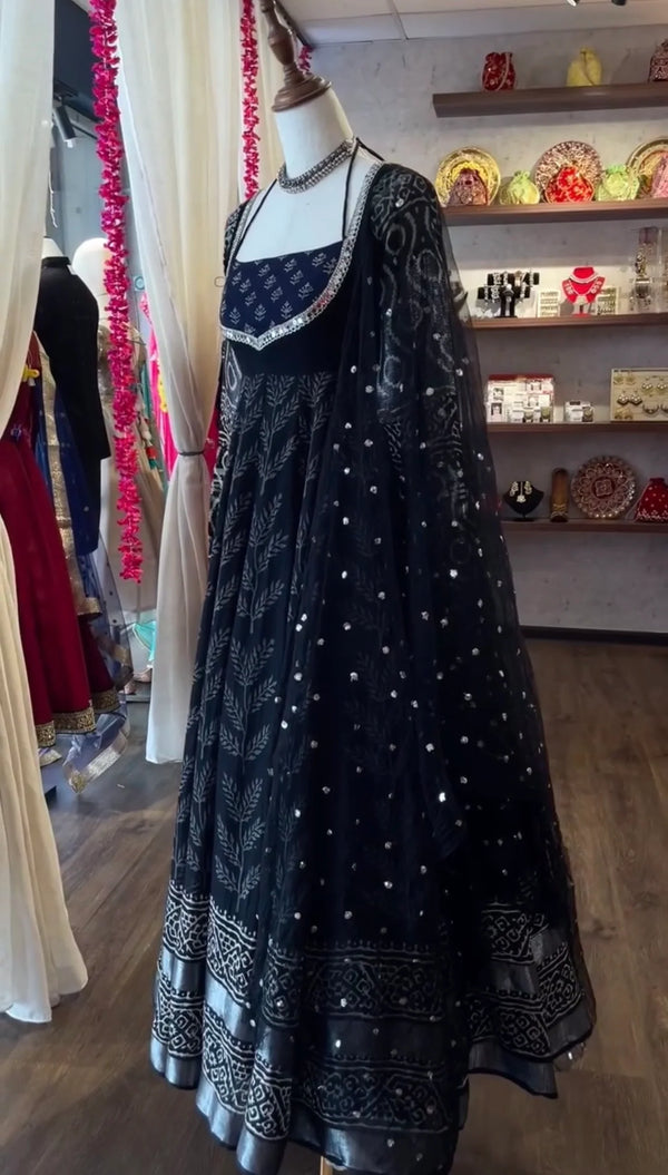 Classic Neavy Blue Print Muslin Cotton Anarkali Set