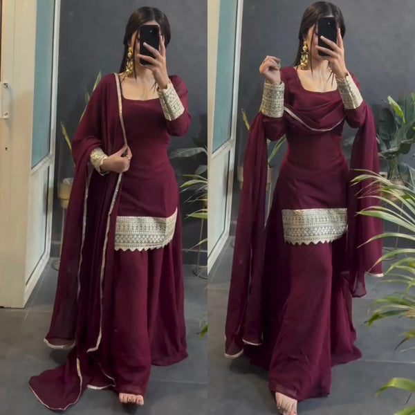 Maroon Garara Suit Heavy Star Georgette Silk Embroidery Work Sharara Suit