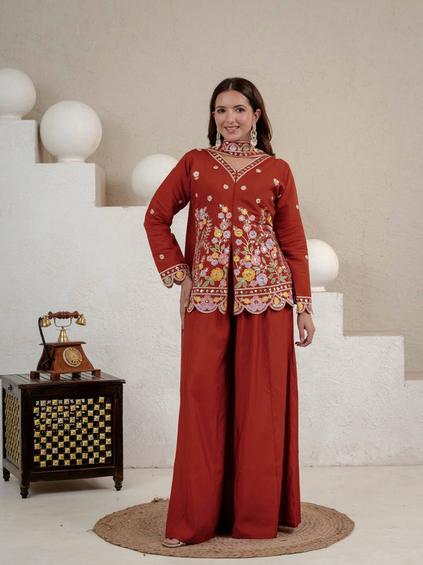 Designer Rust Embroidered Palazzo Suit Set