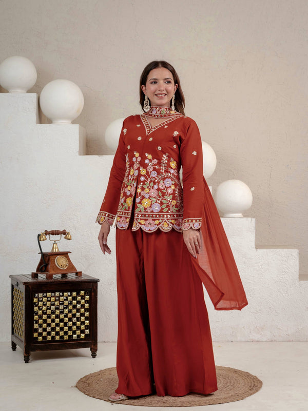 Designer Rust Embroidered Palazzo Suit Set