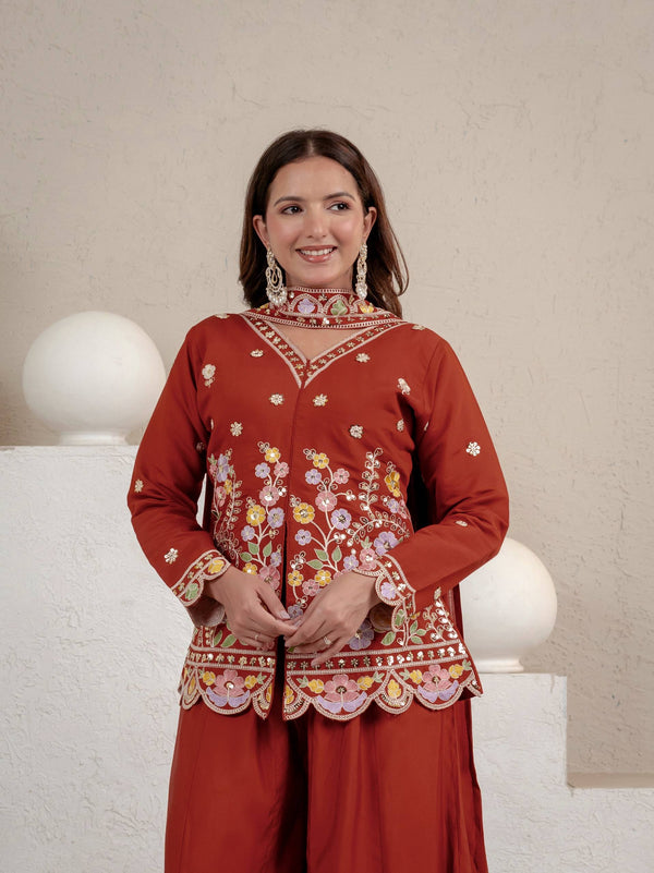 Designer Rust Embroidered Palazzo Suit Set
