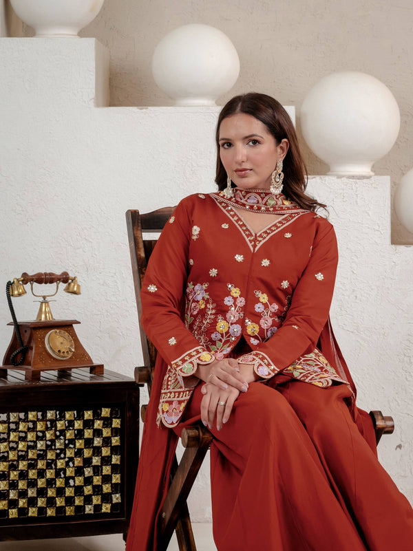 Designer Rust Embroidered Palazzo Suit Set