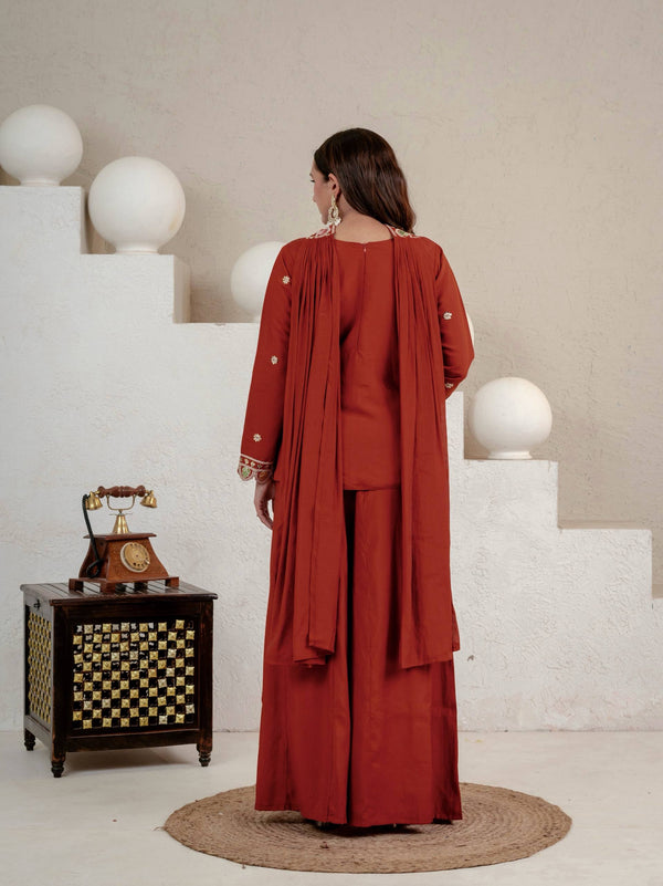 Designer Rust Embroidered Palazzo Suit Set