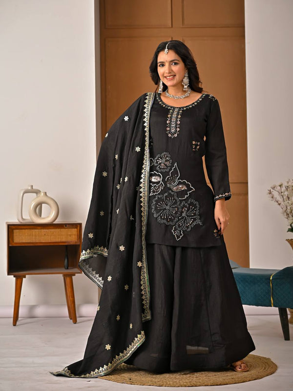 Black Traditional Top Palazzo with Dupatta