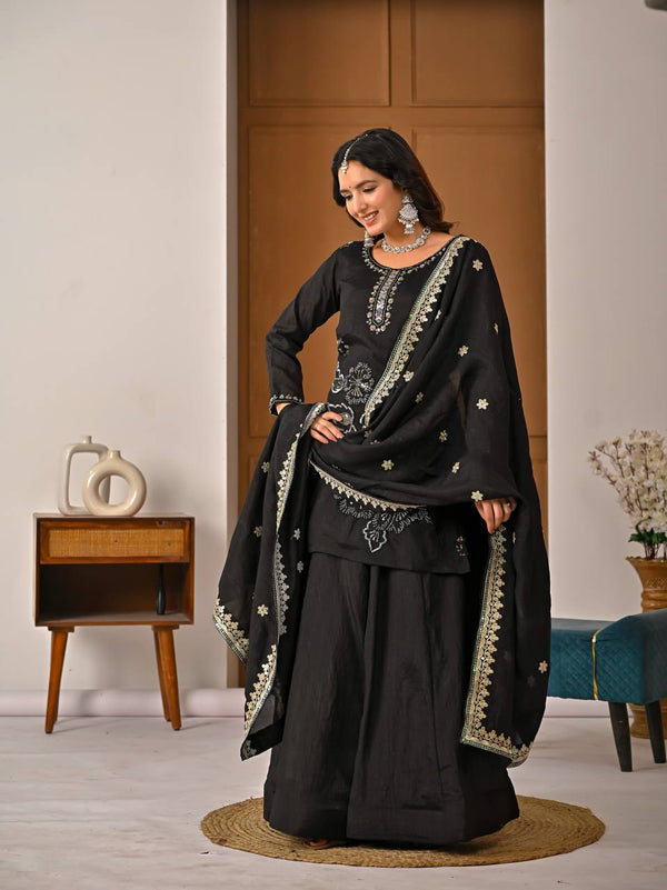 Black Traditional Top Palazzo with Dupatta