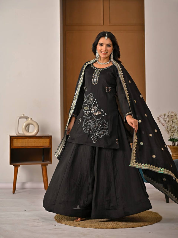 Black Traditional Top Palazzo with Dupatta
