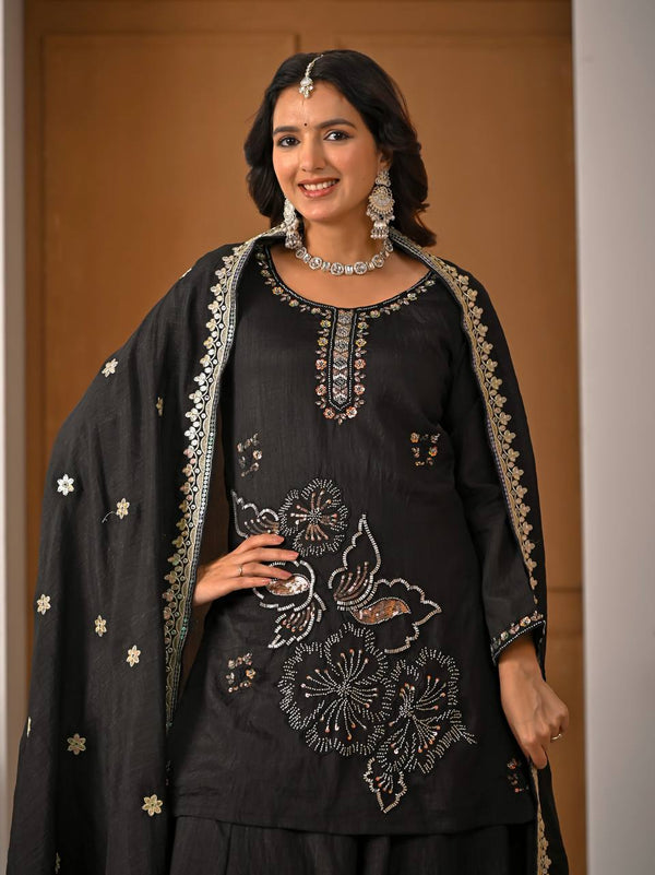 Black Traditional Top Palazzo with Dupatta