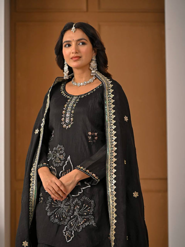 Black Traditional Top Palazzo with Dupatta