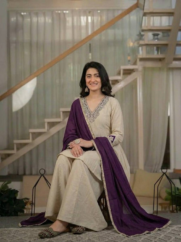 Premium Cream Kurta Palazzo Set with Purple Dupatta
