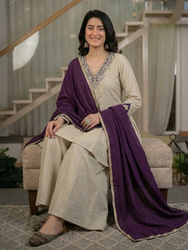 Premium Cream Kurta Palazzo Set with Purple Dupatta