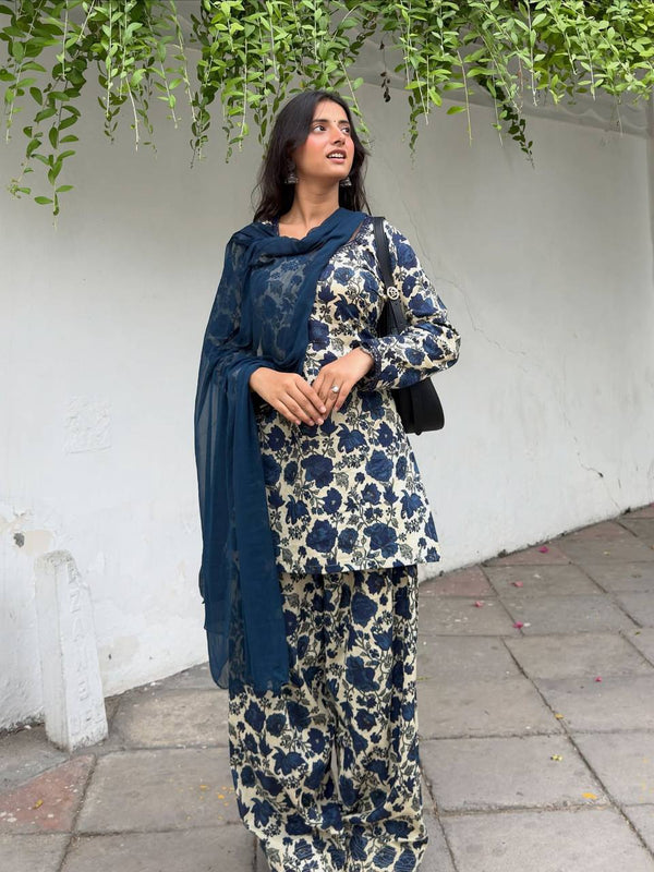 Elegant Blue Printed Suit Ensemble