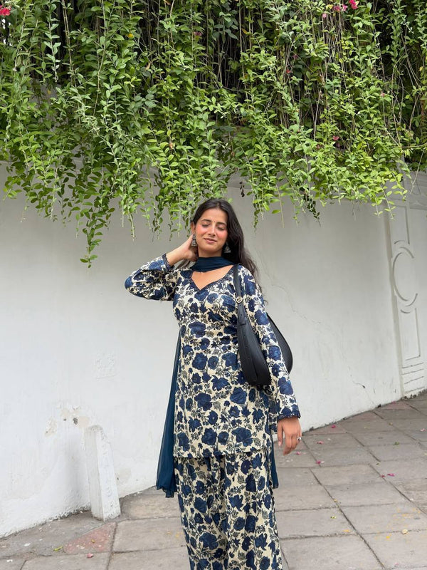 Elegant Blue Printed Suit Ensemble