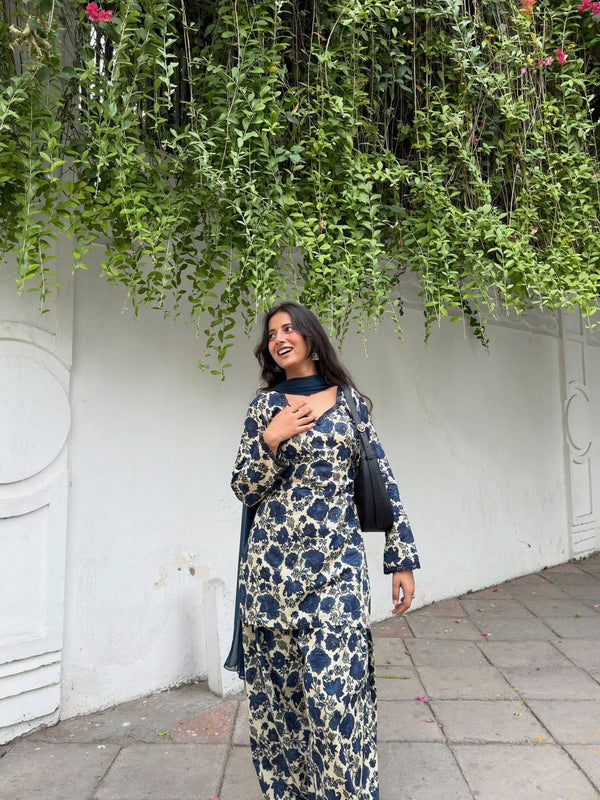 Elegant Blue Printed Suit Ensemble