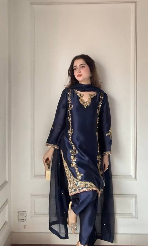 Midnight Blue Zari Bids Hand Work Full Hand Work Suit Set