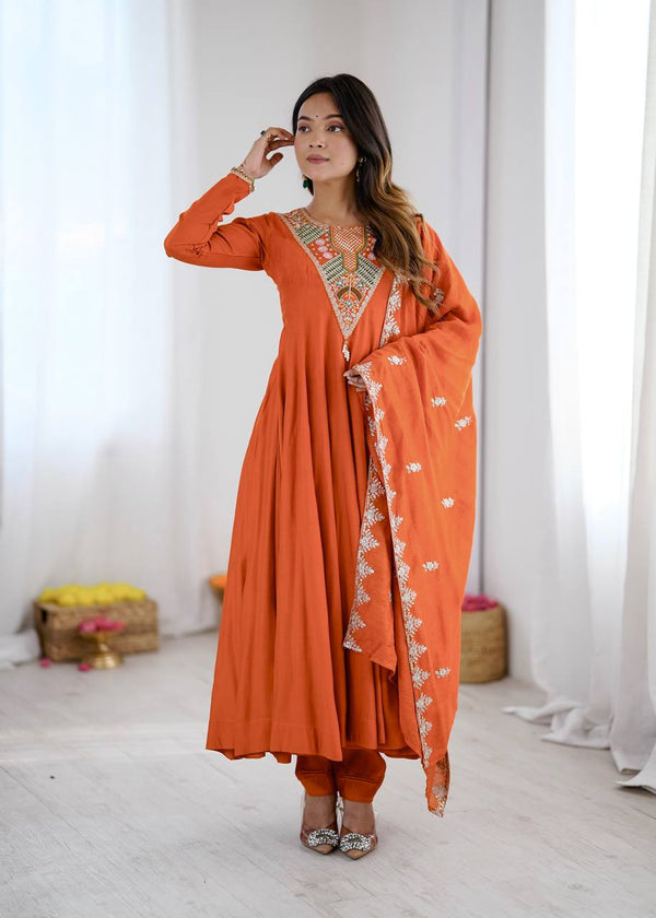 Stunning Long Orange Dress with Embroidery