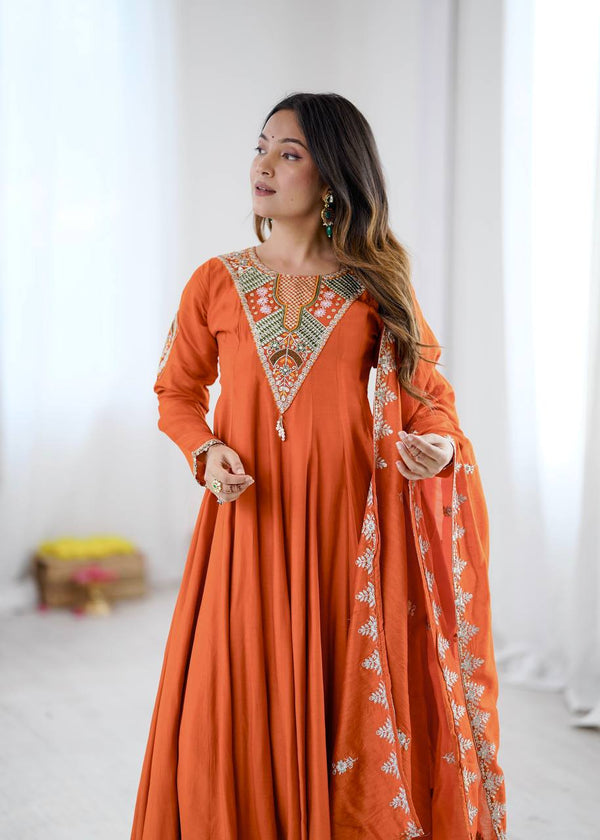 Stunning Long Orange Dress with Embroidery