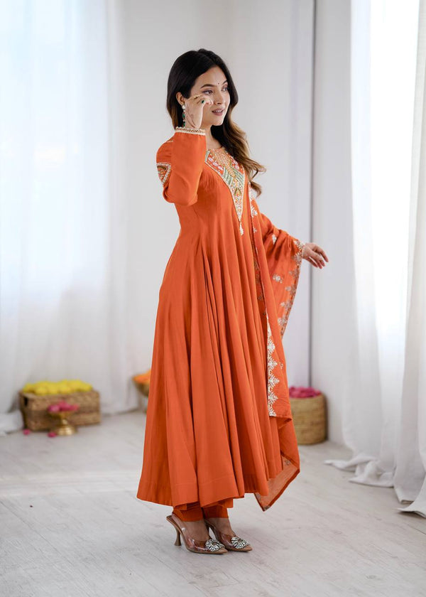 Stunning Long Orange Dress with Embroidery