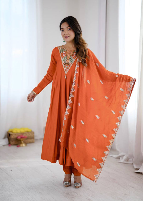 Stunning Long Orange Dress with Embroidery
