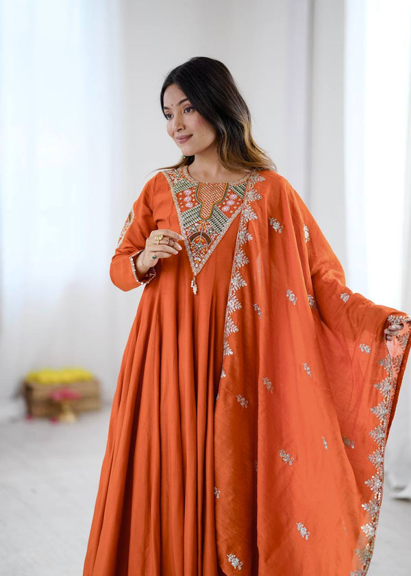 Stunning Long Orange Dress with Embroidery