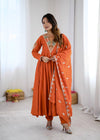 Stunning Long Orange Dress with Embroidery
