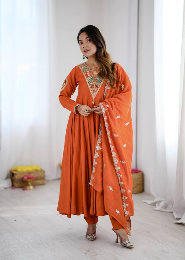 Stunning Long Orange Dress with Embroidery